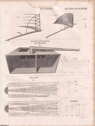 1823 Prints : Battering Ram; Cloud; Temperament of Music; Scythes; Levelling . 5 Engraved Prints from the Encyclopaedia Britannica, 1823. See pictures for details.