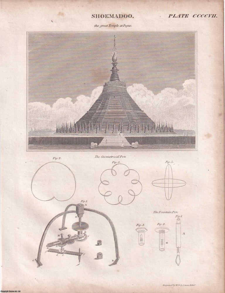 Item #370099 1823 Prints : Shoemadoo Temple; Turning; Navy; Machine for Draining Ponds; Olive...