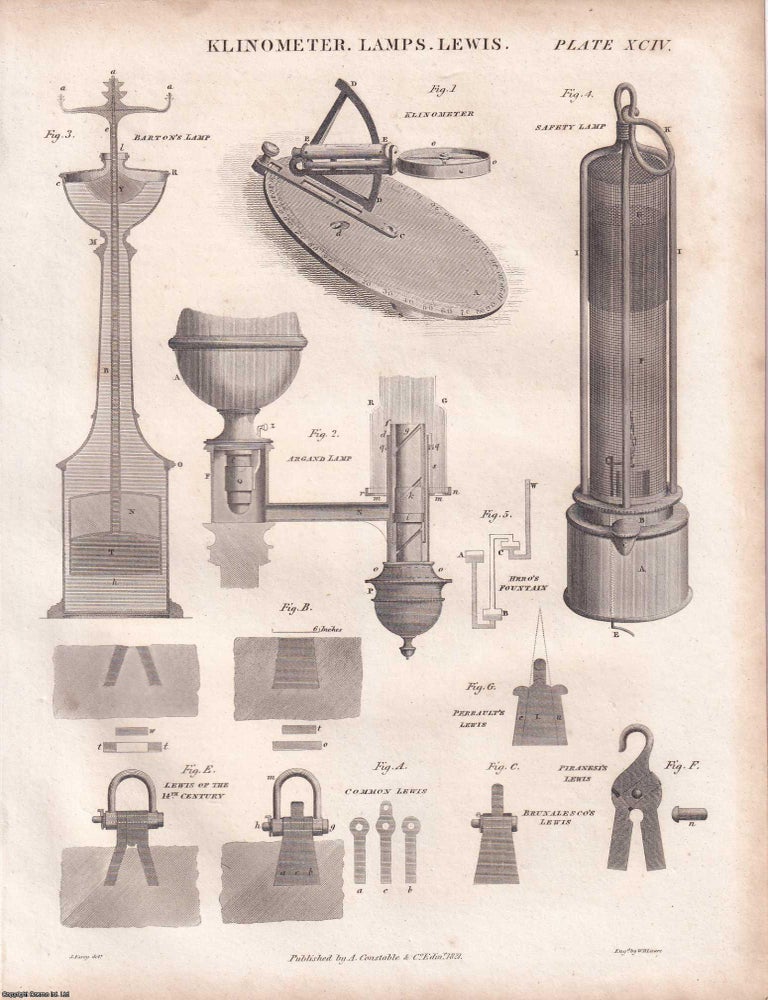 Item #370105 1823 Prints : Klinometer, Lewis Lamps, Blowing Machines; Logarithms; Rooms Heated by...