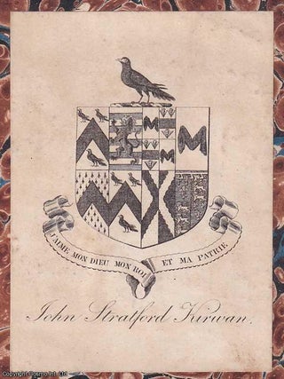 Heraldic Crest Bookplate. John Stratford Kirwan. Undated, but from the design likely mid 19th. Antiquarian, Rare.