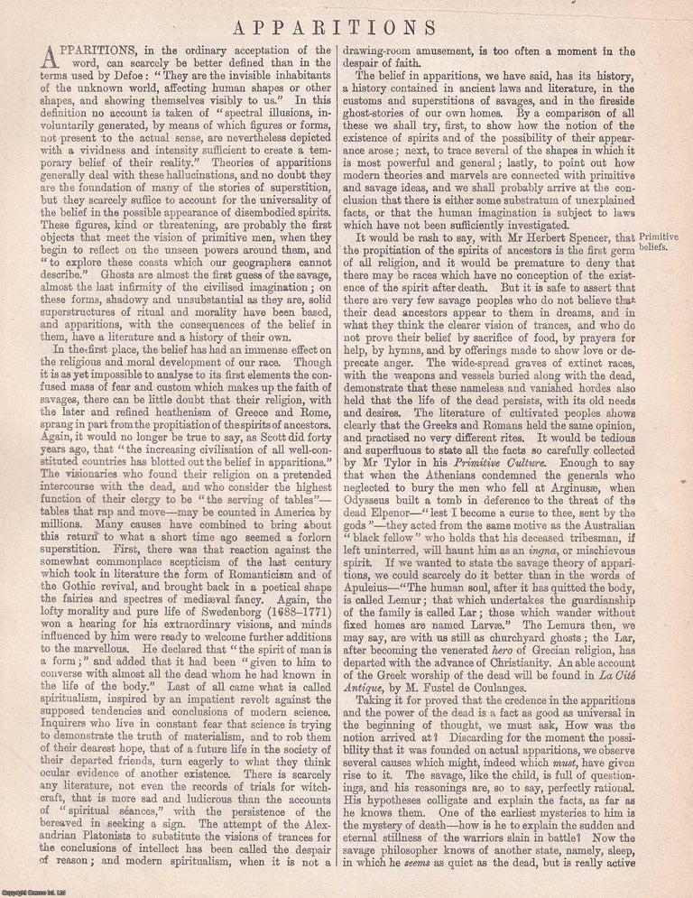 Item #370144 1875 : Apparitions; invisible inhabitants of the unknown world. An original article...