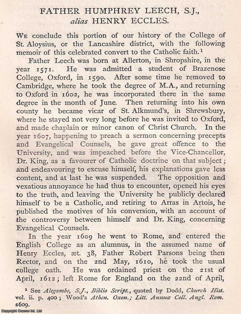 Item #370194 Father Humphrey Leech, S.J., alias Henry Eccles. This is an article from The Records...
