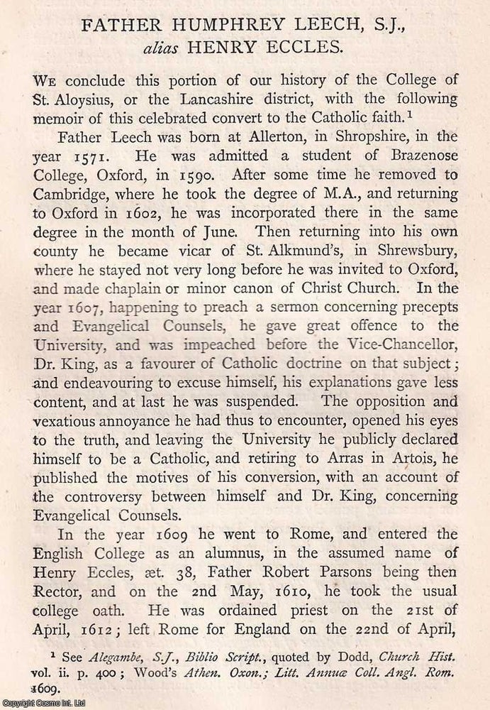 Item #370194 Father Humphrey Leech, S.J., alias Henry Eccles. This is an article from The Records...