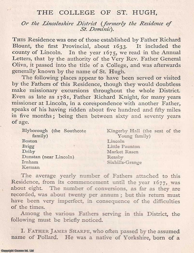 Item #370204 College of St. Hugh; or, The Lincolnshire District, S.J. ; Father James Sharpe,...