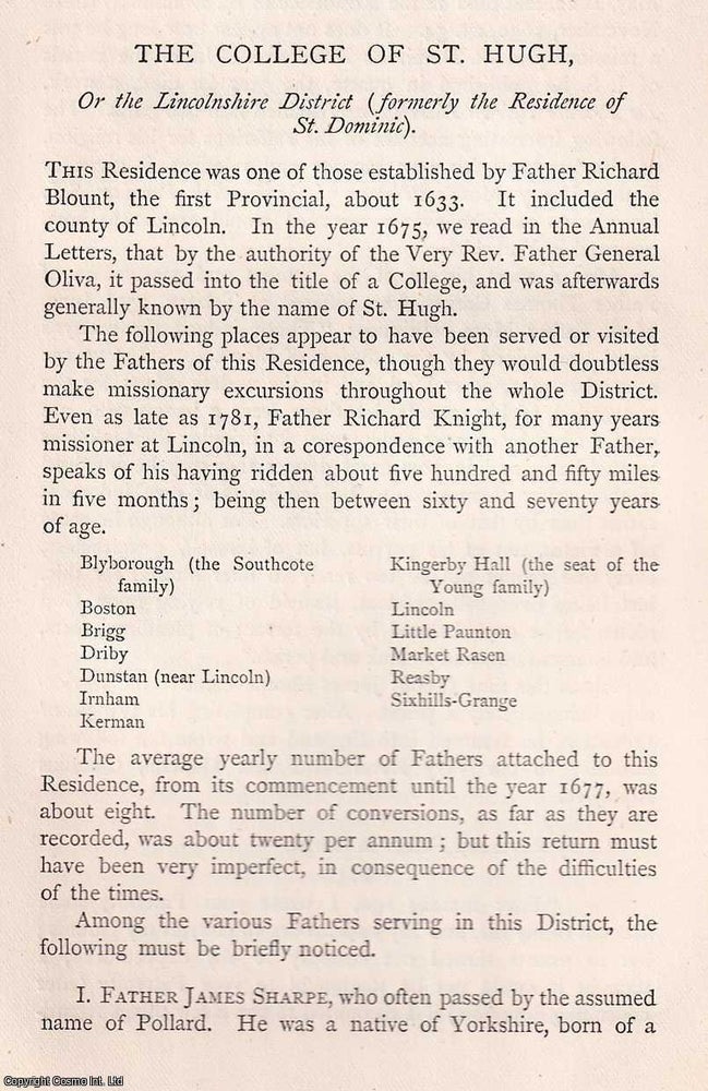 Item #370204 College of St. Hugh; or, The Lincolnshire District, S.J. ; Father James Sharpe,...