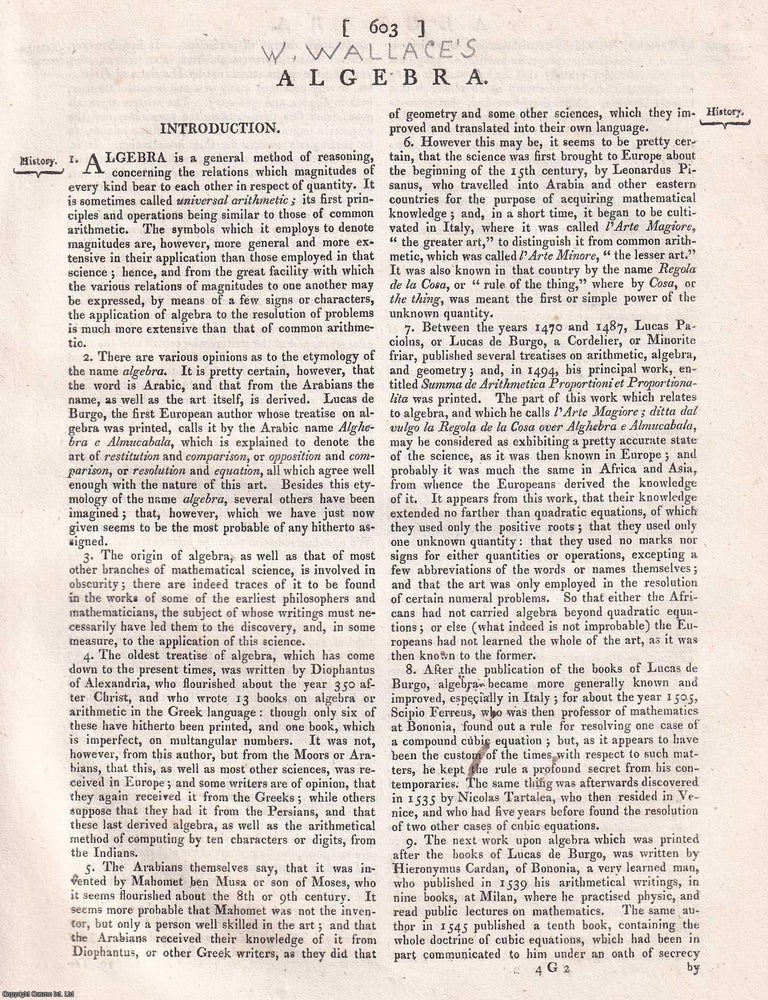 Item #370321 1823 : Algebra. With 1 plate. A rare original article from the Encyclopaedia...