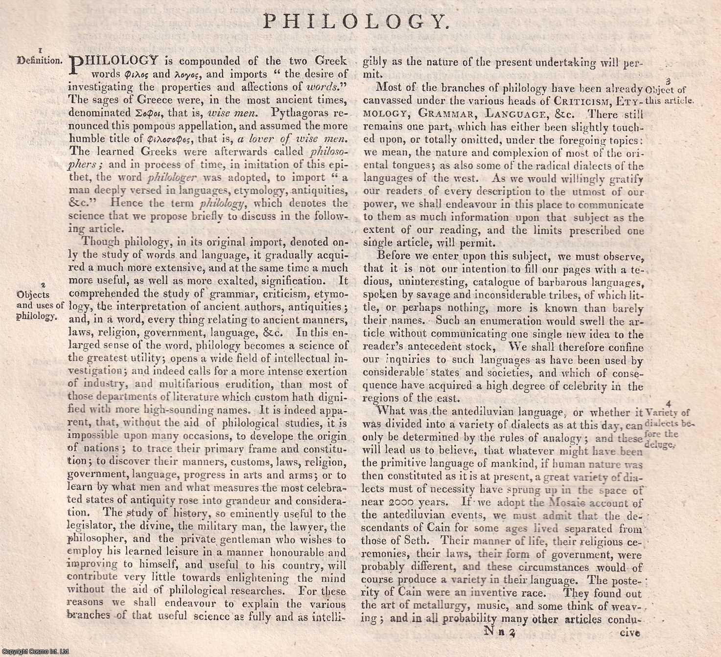 1823 : Philology, investigating the properties and affections of words ...