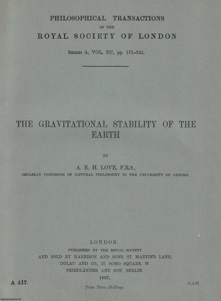Item #370357 The Gravitational Stability of the Earth. Philosophical Transactions of the Royal...