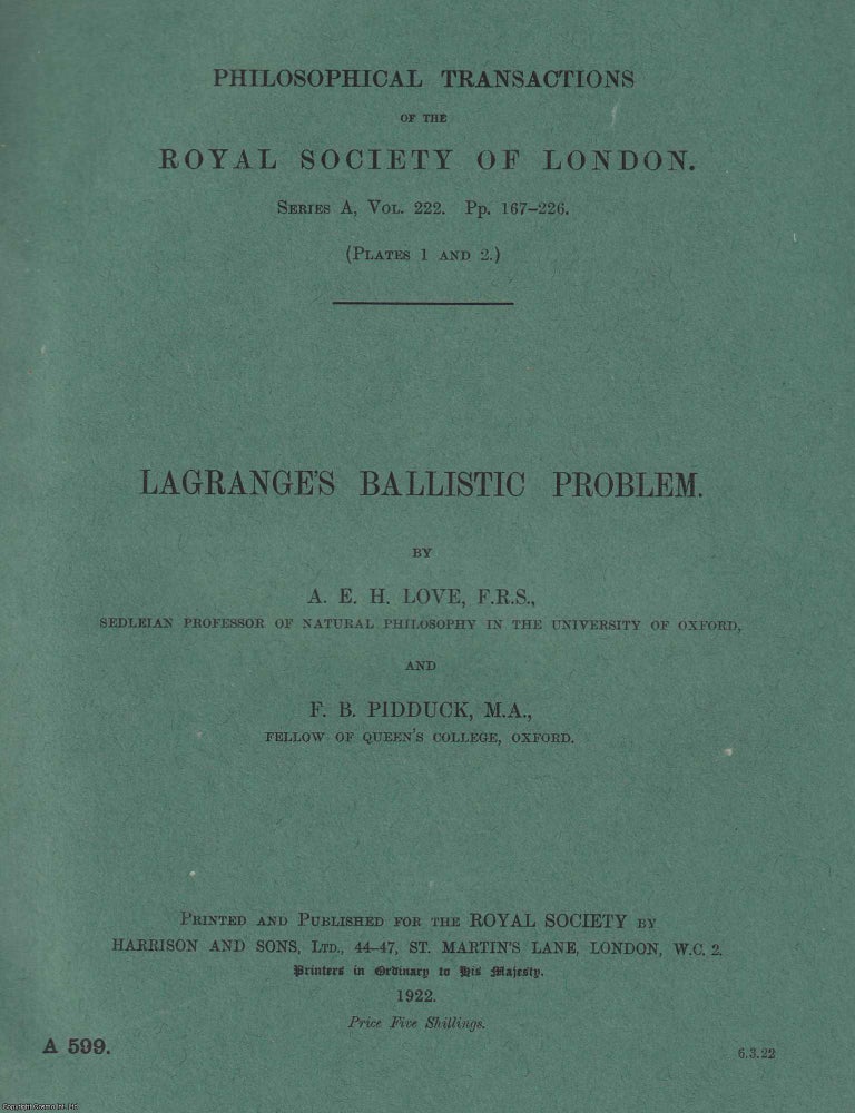 Item #370359 Lagrange's Ballistic Problem. Philosophical Transactions of the Royal Society...