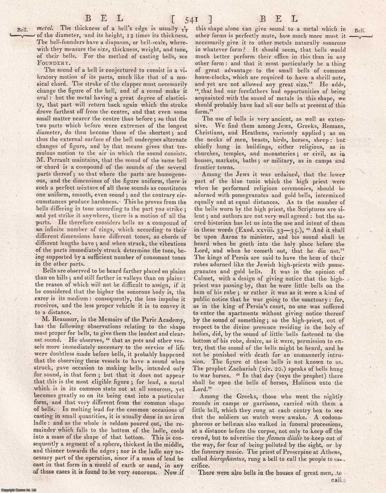 Item #370398 1823 : Bells. A rare original article from the Encyclopaedia Britannica, 1823....