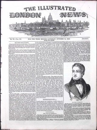 ILN 1843 : The Irish Proclamation; The City of Kingston, Jamaica; New Public Rooms at Reading; All contained in a COMPLETE original issue of The Illustrated London News. Issue No 76, Oct 14, 1843. A rare, original issue from The Illustrated London News, carefully removed and preserved : an important artifact of journalism's golden age!