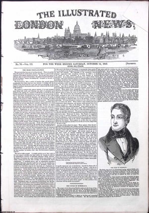 ILN 1843 : The Irish Proclamation; The City of Kingston, Jamaica; New Public Rooms at Reading; All contained in a COMPLETE original issue of The Illustrated London News. Issue No 76, Oct 14, 1843. A rare, original issue from The Illustrated London News, carefully removed and preserved : an important artifact of journalism's golden age!