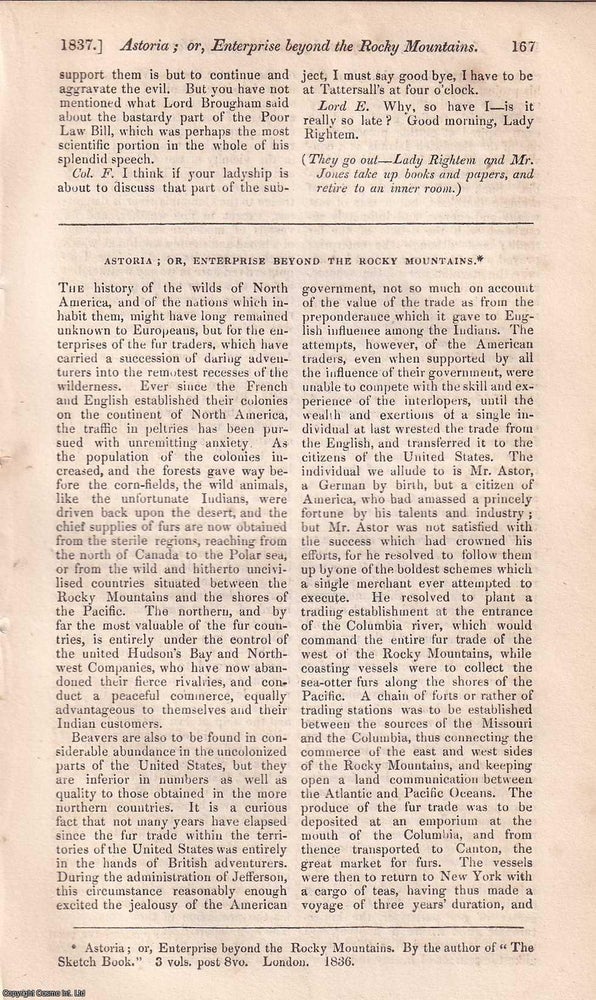 Item #370681 Astoria, or, Enterprise beyond the Rocky Mountains. Written by John Scouler. A rare...