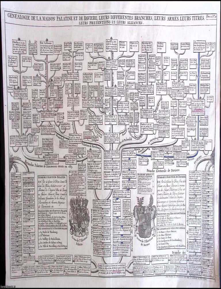 Item #371047 1720 Genealogie de la Maison Palatine et de Baviere, their branches, titles, pretensions, and alliances; a single sheet 34 x 46 cm original print, folded as issued, published for the Atlas Historique by Henri Zacharie and Nicolas Gueudeville. 1720 GENEALOGY OF THE PALATINE AND BAVARIAN HOUSES.