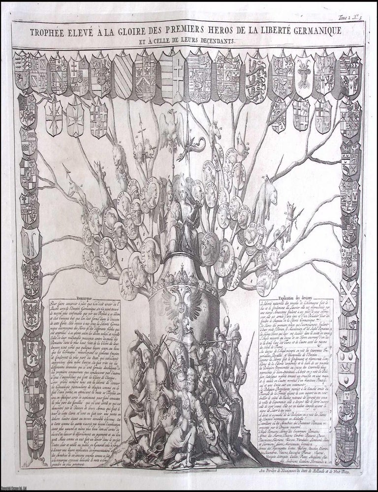Item #371053 1720 Trophee eleve a la gloire des premiers heros de la liberte germanique and their descendants; a single sheet 34 x 46 cm original print, folded as issued, published for the Atlas Historique by Henri Zacharie and Nicolas Gueudeville. 1720 TROPHY TO THE HEROES OF EARLY GERMANIC LIBERTY.