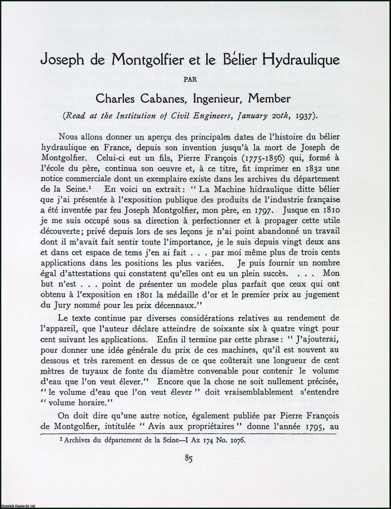 Item #371103 Joseph de Montgolfier et le Belier Hydraulique. This is an uncommon original article...