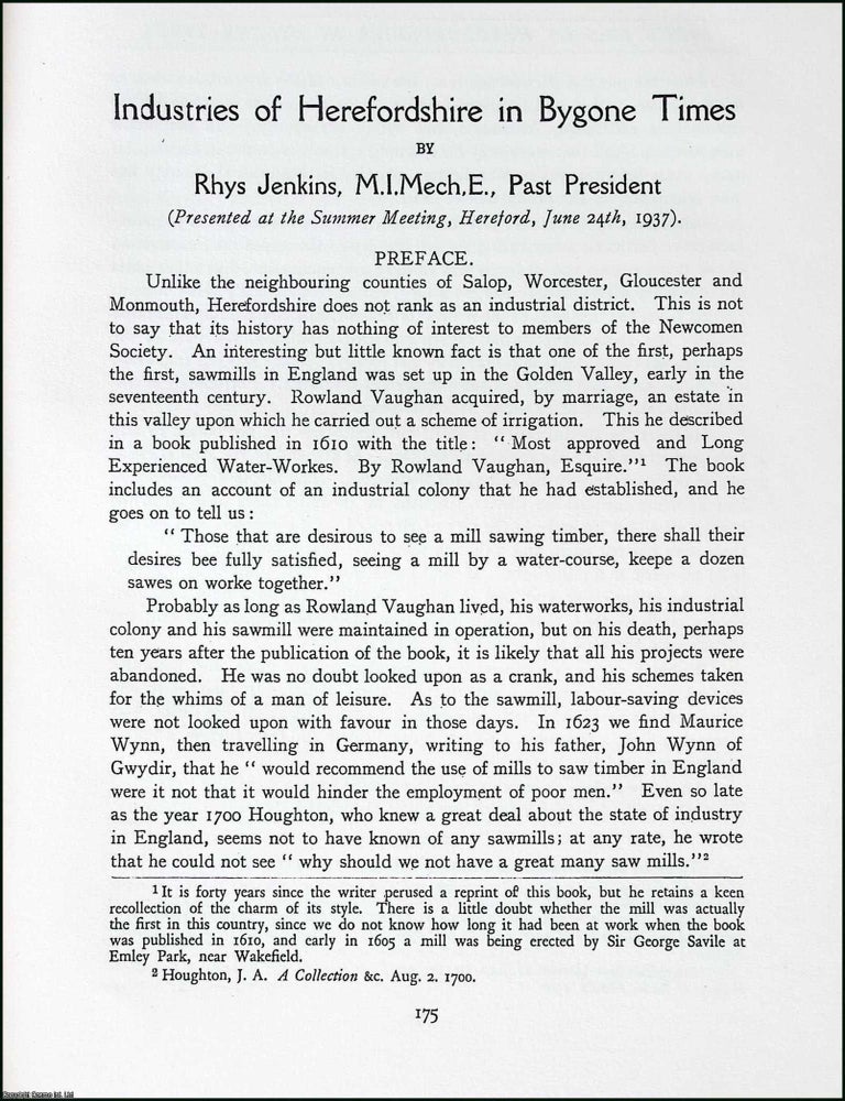 Item #371108 Industries of Herefordshire in Bygone Times. This is an uncommon original article from the The Newcomen Society Transactions, 1937. Rhys Jenkins.