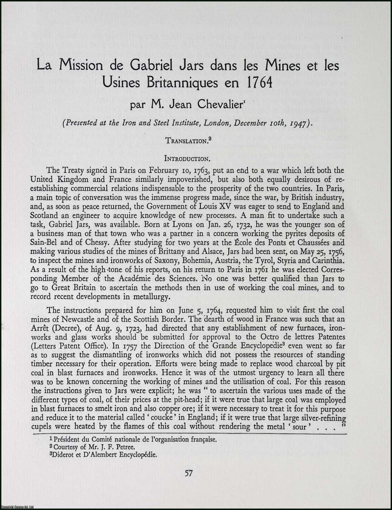 Item #371163 La Mission de Gabriel Jars dans les Mines et les Usines Britanniques en 1764. Text...