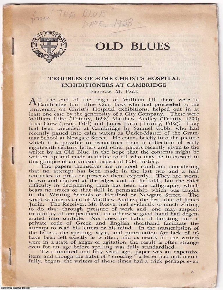 Item #371836 Troubles of Some Christ's Hospital Exhibitioners at Cambridge. An original...
