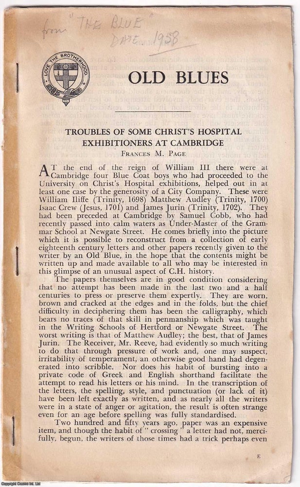 Item #371836 Troubles of Some Christ's Hospital Exhibitioners at Cambridge. An original...