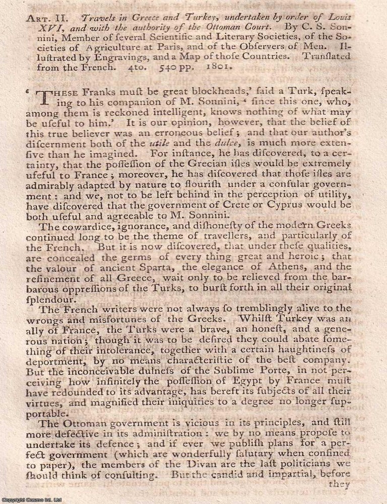 Item #371860 1801 : Travels in Greece and Turkey, by C.S. Sonnini. A review written by Alexander...