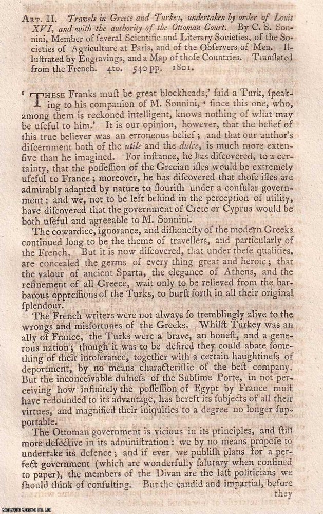 Item #371860 1801 : Travels in Greece and Turkey, by C.S. Sonnini. A review written by Alexander...