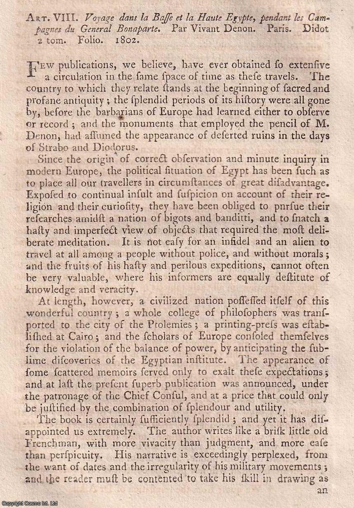 Item #371861 Travels in Egypt, during Napoleon's Campaigns, by Vivant Denon. A review...