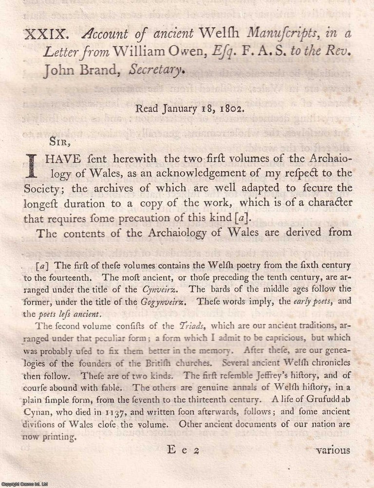 Account of Ancient Welsh Manuscripts, in a Letter from William Owen. An ...