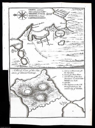 1748. Engraving: Carthage, a bird's-eye view with accompanying map (Charta exhibens Situm. BIRD'S-EYE VIEW AND MAP OF.