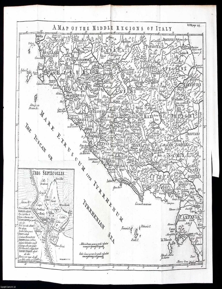 Item #372027 1748. Engraving: A map of the middle regions of Italy, with Urbs Septicollis. Large folding map 11 x 14 inches, from The Universal History, from the Earliest Account of Time. MAP OF CENTRAL ITALY WITH THE SEVEN-HILLED CITY.