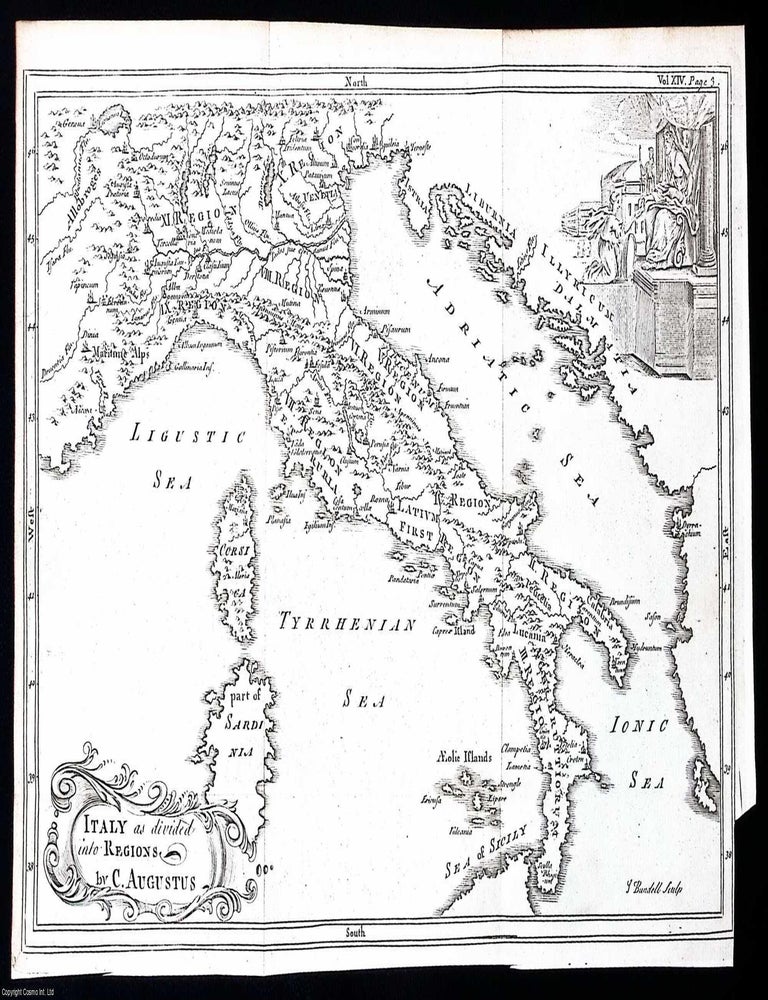 Item #372038 1748. Engraving: A map of Italy as divided into regions by Caesar Augustus. Folding map 8 x 12 inches, from The Universal History, from the Earliest Account of Time. MAP OF ITALY UNDER THE AUGUSTAN DIVISION.