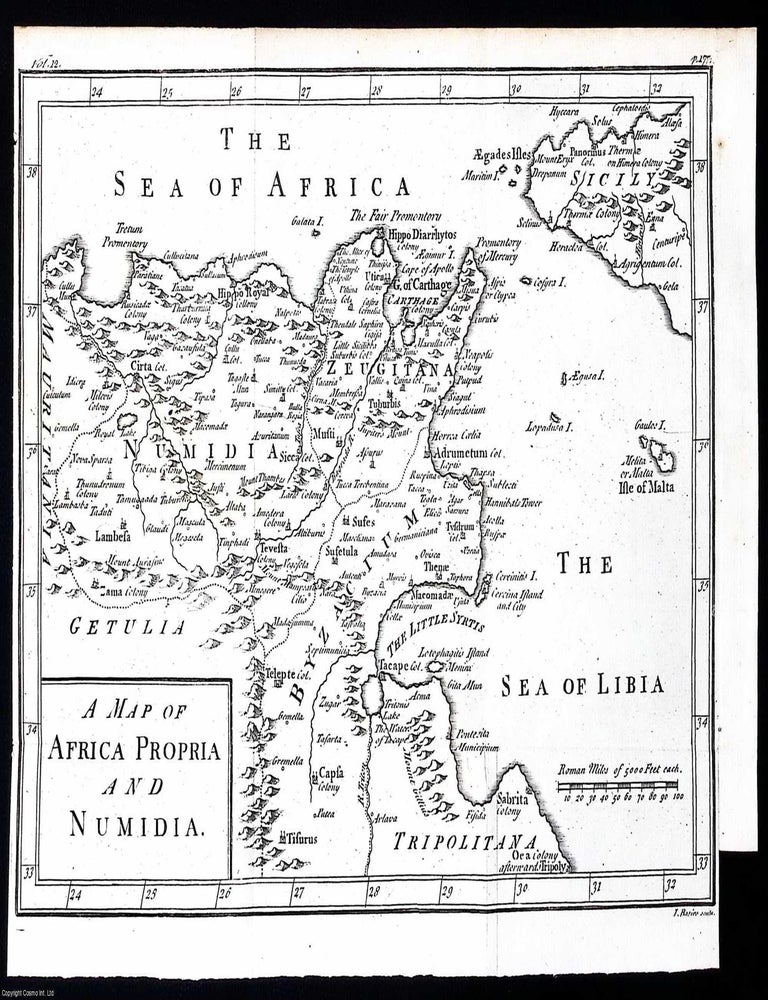 Item #372042 1748. Engraving: A map of Africa Propria and Numidia (Sicily & Carthage). Folding map 8 x 11 inches, from The Universal History, from the Earliest Account of Time. CARTHAGE, SICILY.