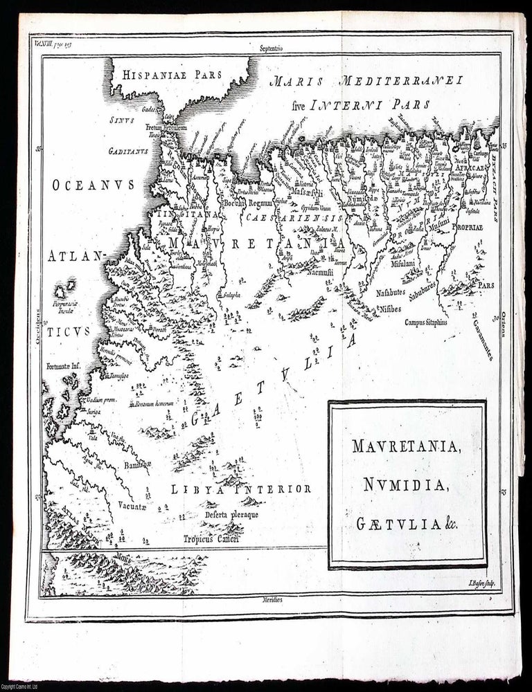 Item #372051 1748. Engraving: A map of Mauretania, Numidia and Gaetulia. Folding map 8 x 12 inches, from The Universal History, from the Earliest Account of Time. NUMIDIA MAP OF MAURETANIA, GAETULIA.