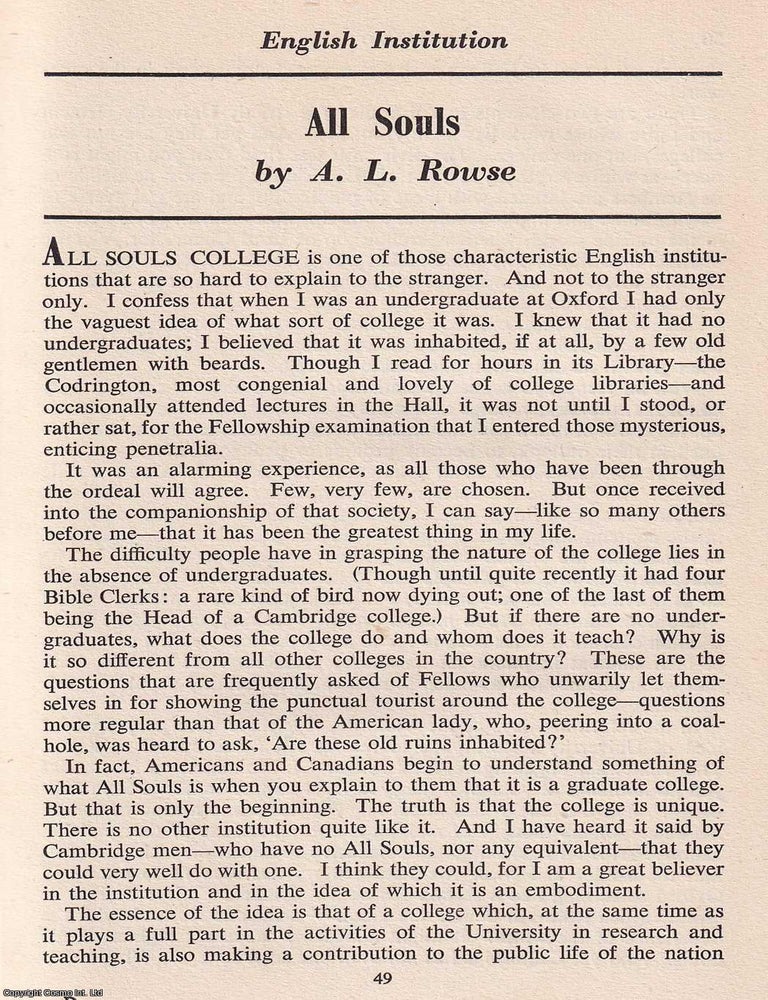 Item #372610 All Souls College, Oxford. An original article from the Saturday Book, 1945. A L. Rowse