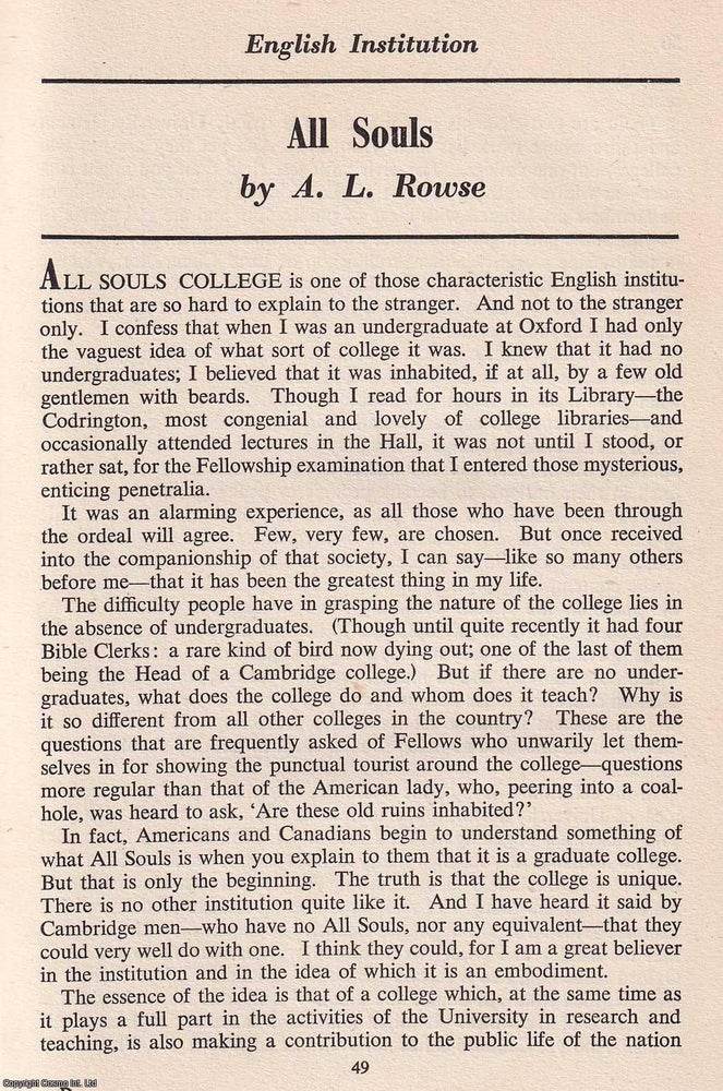 Item #372610 All Souls College, Oxford. An original article from the Saturday Book, 1945. A L. Rowse