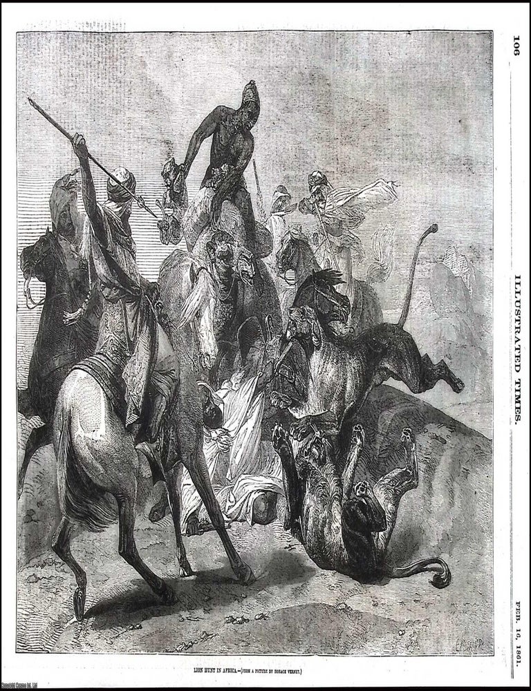 Item #372675 Lion Hunt in Africa. From a picture by Horace Vernet. An original print from the...