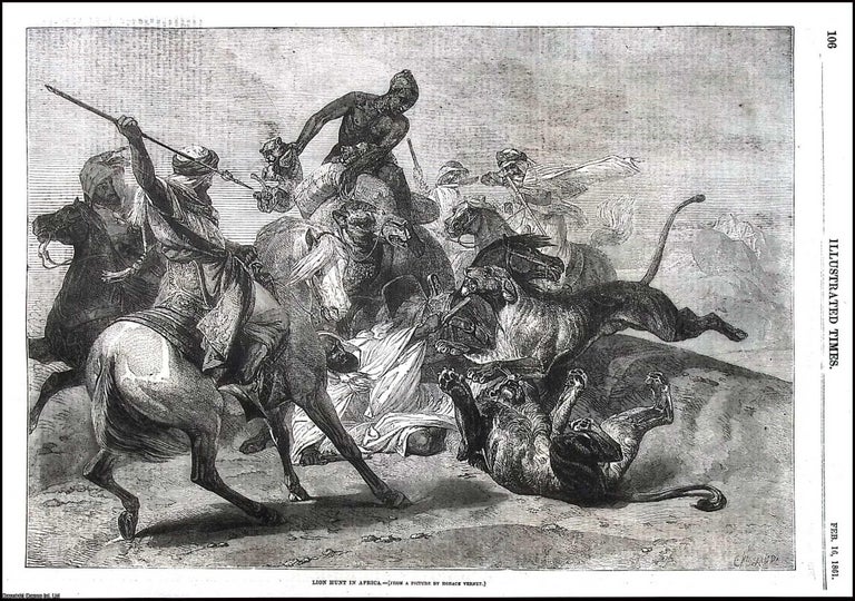 Item #372675 Lion Hunt in Africa. From a picture by Horace Vernet. An original print from the...