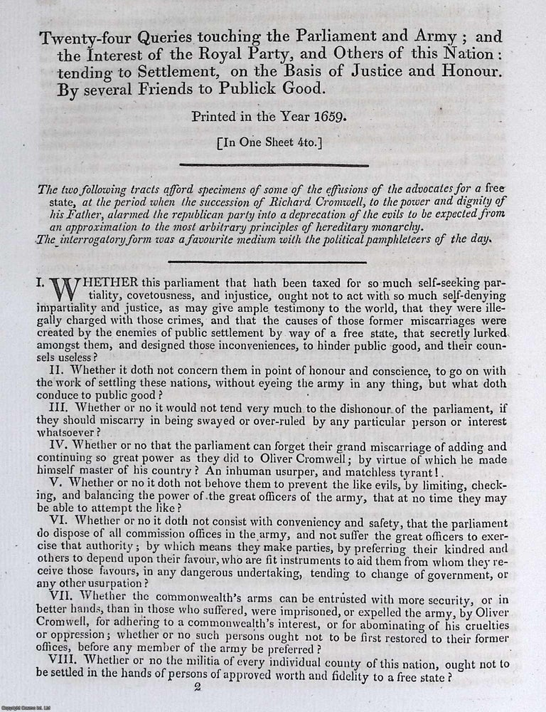 Item #373083 Twenty Four Queries touching the Parliament and Army. Originally printed in 1659. A...