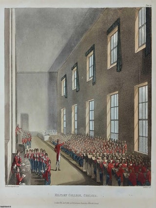Chelsea Military College; the interior, showing one of the halls, with a class in progress. WITH HAND COLOURING AQUATINT, 1810.