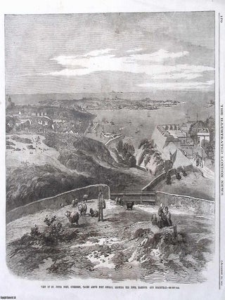 Guernsey : View of St. Peter Port, taken above Fort George, showing the Town, Harbour and Roadstead. ANTIQUE ENGRAVING.