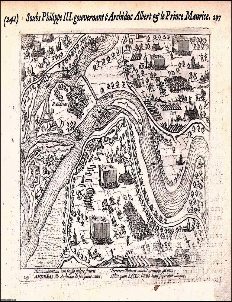 Item #373417 Engraved woodcut from Description et figures des affaires du Pays‑Bas, Amsterdam, Michel Colin, 1616, depicting a fortified site with Latin dedication to Archduke Albert; verso printed; possibly by Frans Hogenberg or his workshop; an original print. 1616 DUTCH WOODCUT OF THE EIGHTY YEARS&rsquo; WAR.