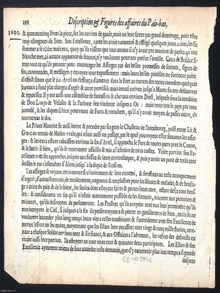 Engraved woodcut from Description et figures des affaires du Pays‑Bas, Amsterdam, Michel Colin, 1616, depicting a fortified site with Latin dedication to Archduke Albert; verso printed; possibly by Frans Hogenberg or his workshop; an original print.