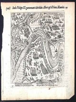 Engraved woodcut from Description et figures des affaires du Pays‑Bas, Amsterdam, Michel Colin, 1616, depicting a fortified site with Latin dedication to Archduke Albert; verso printed; possibly by Frans Hogenberg or his workshop; an original print.