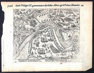 Engraved woodcut from Description et figures des affaires du Pays‑Bas, Amsterdam, Michel Colin, 1616, depicting a fortified site with Latin dedication to Archduke Albert; verso printed; possibly by Frans Hogenberg or his workshop; an original print.