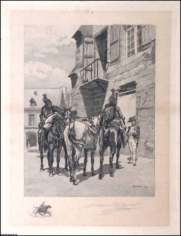 Item #373430 Lithograph depicting three soldiers in Napoleonic-style uniform within a continental urban setting, signed lower right by the lithographer, Antoine Gaymard. The artist of the scene is Jean-Louis-Ernest Meissonier, c.1869. C.1869 JEAN-LOUIS-ERNEST MEISSONIER.