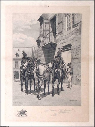 Lithograph depicting three soldiers in Napoleonic-style uniform within a continental urban. C.1869 JEAN-LOUIS-ERNEST MEISSONIER.