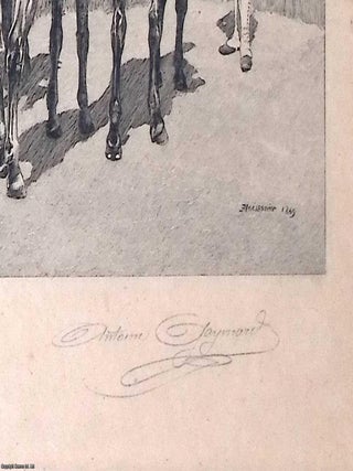 Lithograph depicting three soldiers in Napoleonic-style uniform within a continental urban setting, signed lower right by the lithographer, Antoine Gaymard. The artist of the scene is Jean-Louis-Ernest Meissonier, c.1869.