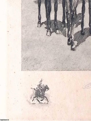 Lithograph depicting three soldiers in Napoleonic-style uniform within a continental urban setting, signed lower right by the lithographer, Antoine Gaymard. The artist of the scene is Jean-Louis-Ernest Meissonier, c.1869.
