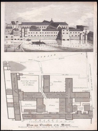 Plan and Elevation of the Savoy. Drawn by George Vertue, 1736. Published 1816 in A. EARLY 19TH CENTURY COPPERPLATE ENGRAVING.