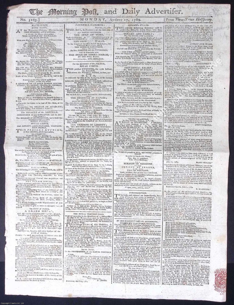 Item #373731 Newspapers in the Shadow of 1789 : The Morning Post, and Daily Advertiser : August 17, 1789 ; Sept 9, 1789 ; June 17, 1791. FROM BASTILLE TO VARENNES: THE MORNING POST REPORTS THE FRENCH UPHEAVAL.